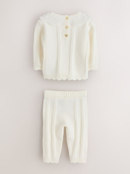 Baker by Ted Baker Cream 2 Piece Organza Collared Cable Knit Set - Size Newborn
