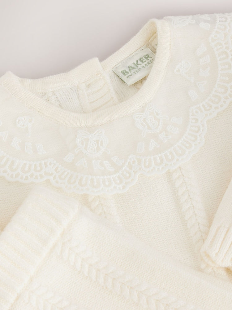Baker by Ted Baker Cream 2 Piece Organza Collared Cable Knit Set - Size Newborn