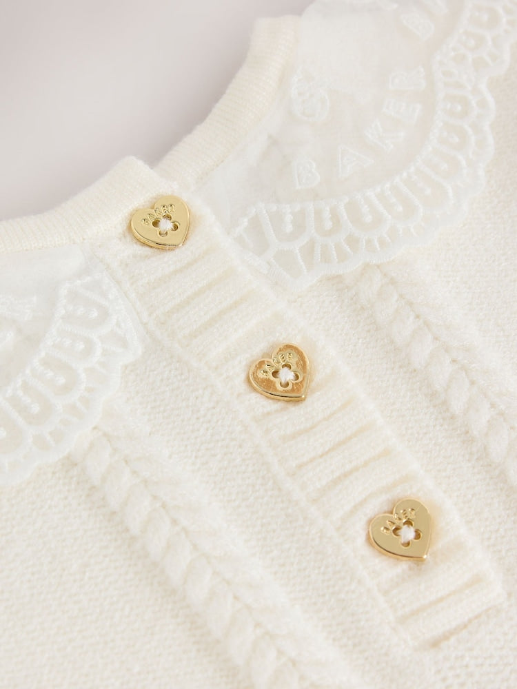 Baker by Ted Baker Cream 2 Piece Organza Collared Cable Knit Set - Size Newborn