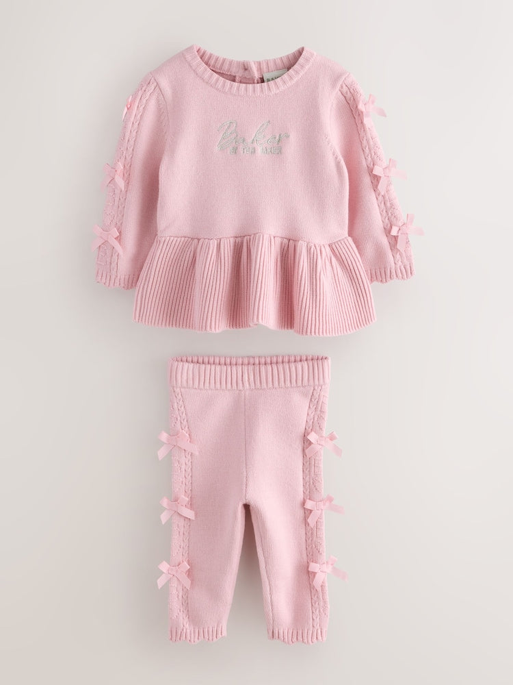 Baker by Ted Baker Pale Pink Knitted Bow Peplum Top &amp; Leggings Set 2 Piece - Pale Pink / Up To 3 Months (50 - 62cm)