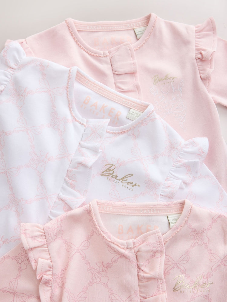 Baker by Ted Baker White/Pink Cotton Printed Sleepsuits 3 Pack