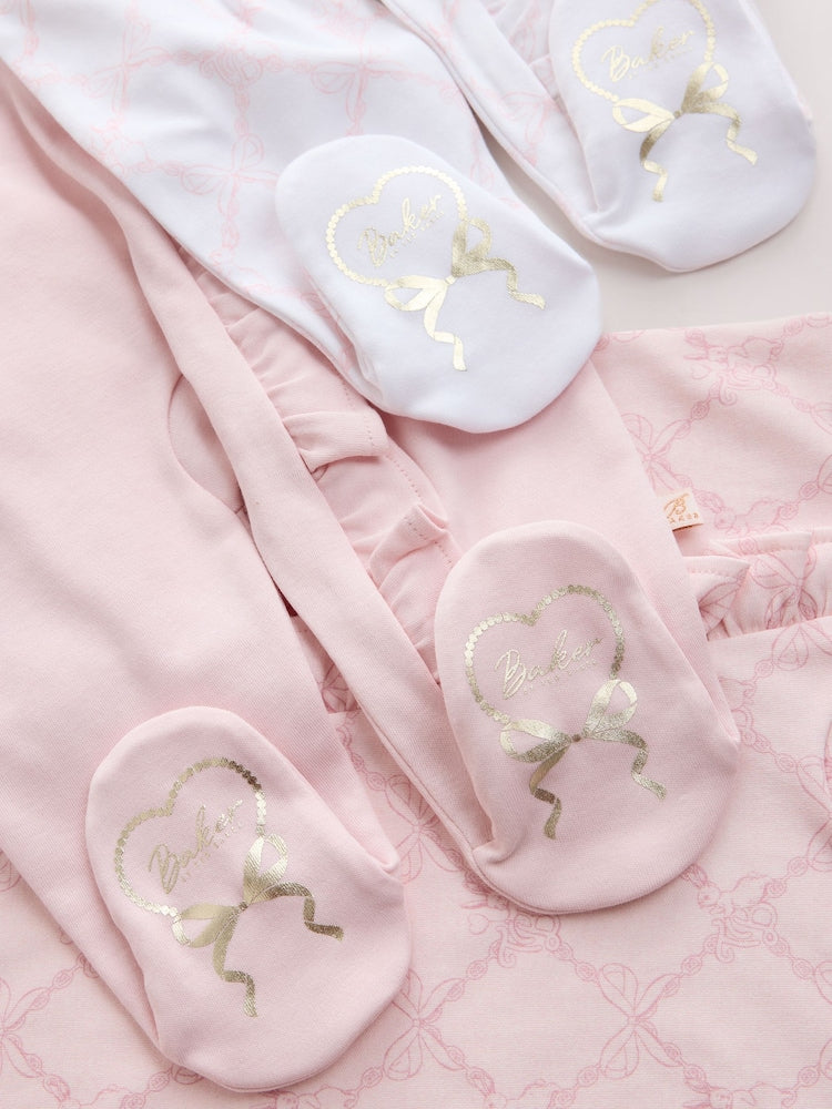 Baker by Ted Baker White/Pink Cotton Printed Sleepsuits 3 Pack