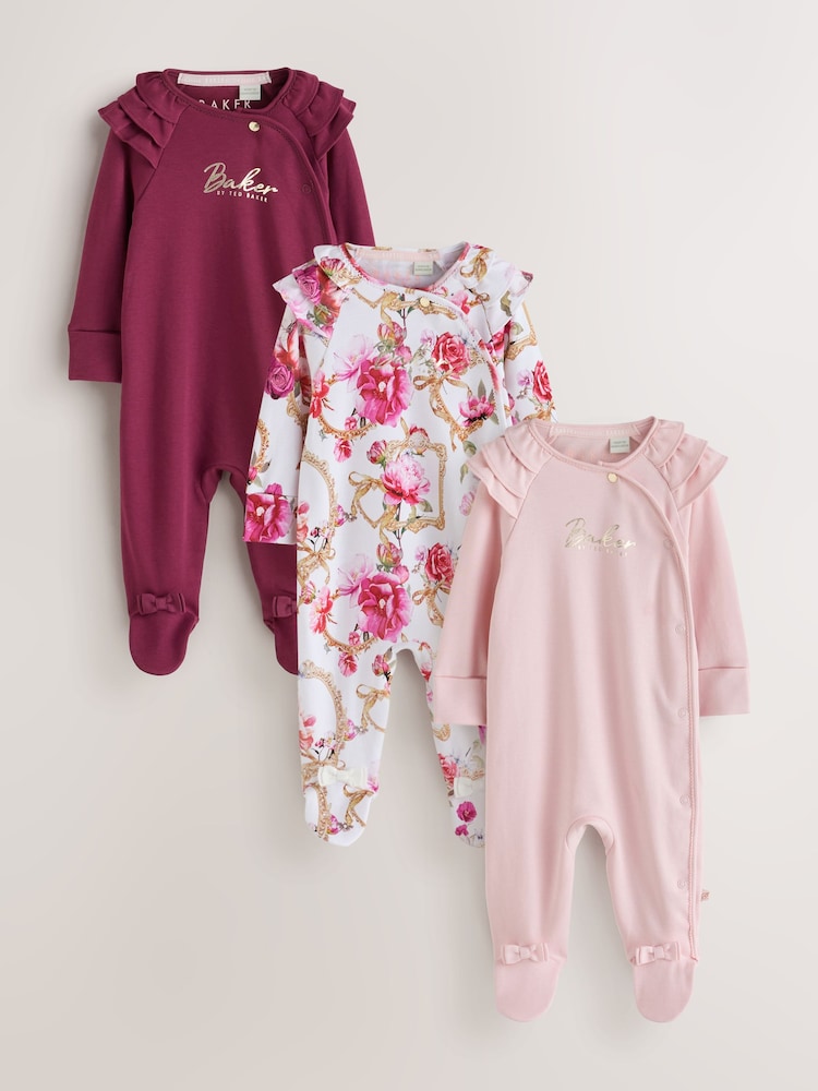 Baker by Ted Baker Burgundy Red Cotton Printed Sleepsuits 3 Pack