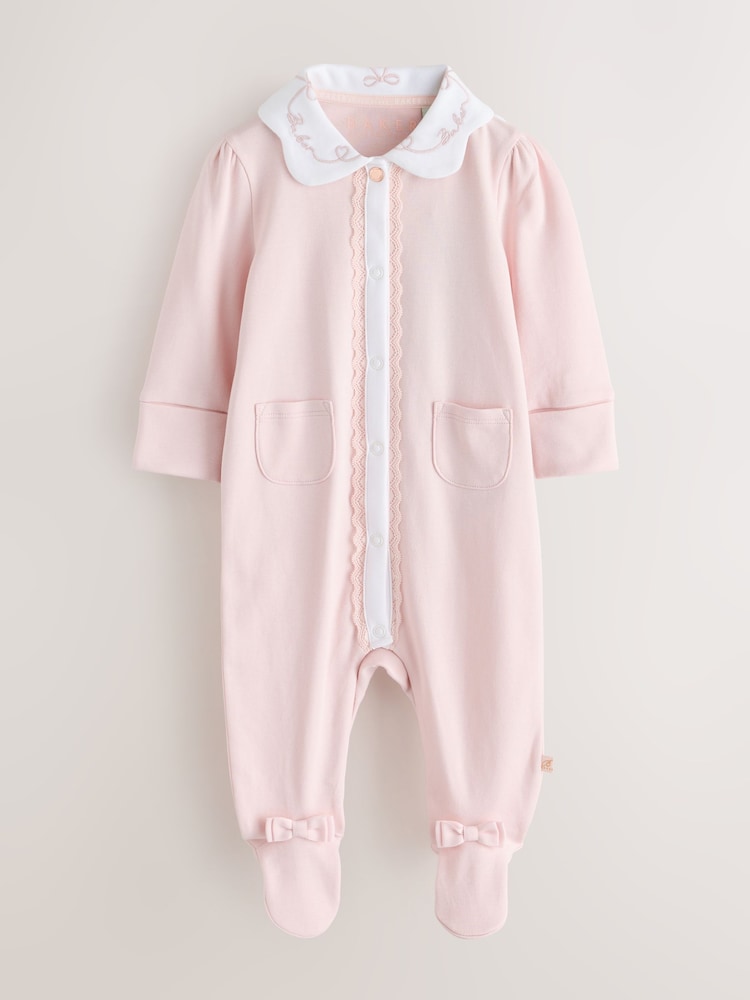 Baker by Ted Baker Pink Embroidered Collar Cotton Sleepsuit - Pink / Up To 3 Months (50 - 62cm)