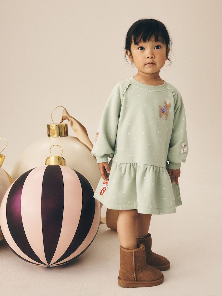 Blue Christmas Reindeer Applique Long Sleeve Sweat Dress (3mths-7yrs)
