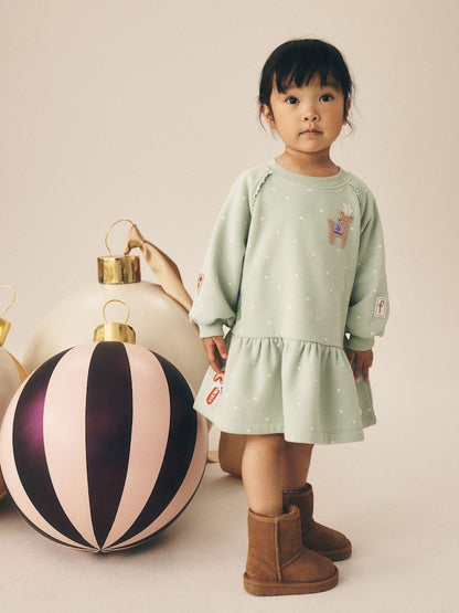 Blue Christmas Reindeer Applique Long Sleeve Sweat Dress (3mths-7yrs)