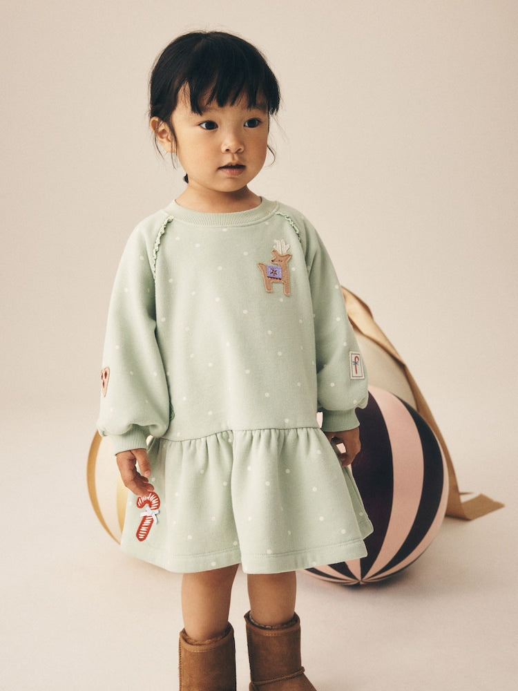 Blue Christmas Reindeer Applique Long Sleeve Sweat Dress (3mths-7yrs)