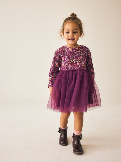 Burgandy Floral Long Sleeve Ribbed Mesh Dress (3mths-7yrs) - Burgandy Floral / 12-18 Months (80-86cm)