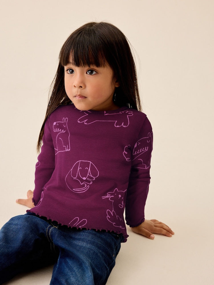 Burgundy Red Cat Dog Rib Long Sleeve T-Shirt (3mths-7yrs)