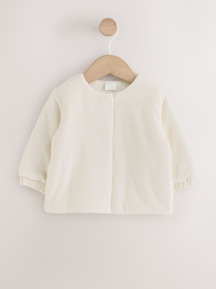 Ecru Velour Popper Through Baby Jacket (0mths-3yrs) - Ecru Velour / 12 - 18 Months (80 - 86cm)