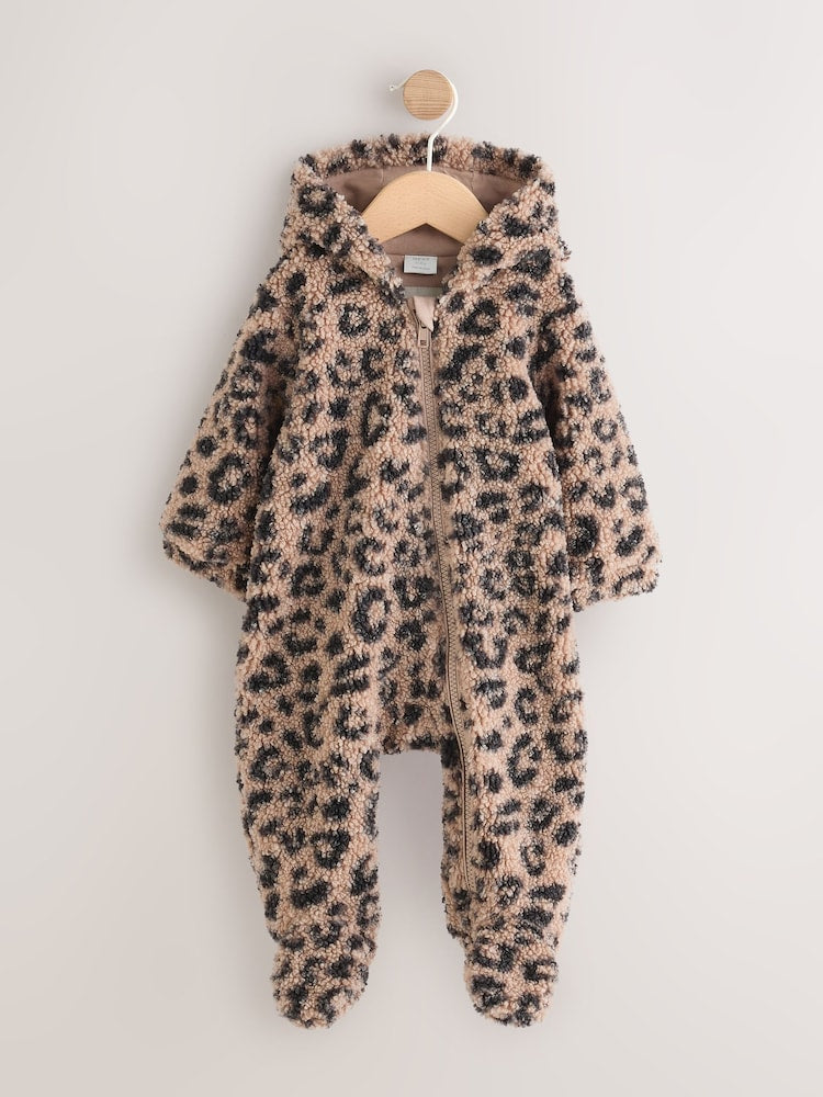 Brown Leopard Borg Hooded Baby All-In-One (0mths-2yrs) - Brown Leopard / Up to 1 Month (50-56cm)