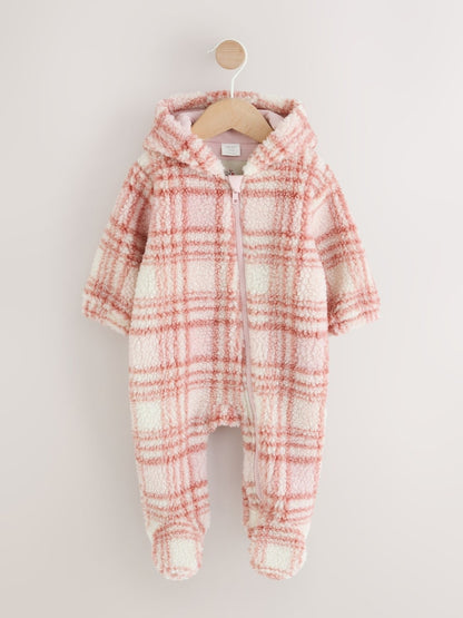 Pink Checkerboard Borg Hooded Baby All-In-One (0mths-2yrs) - Pink Checkerboard / Up to 1 Month (50-56cm)