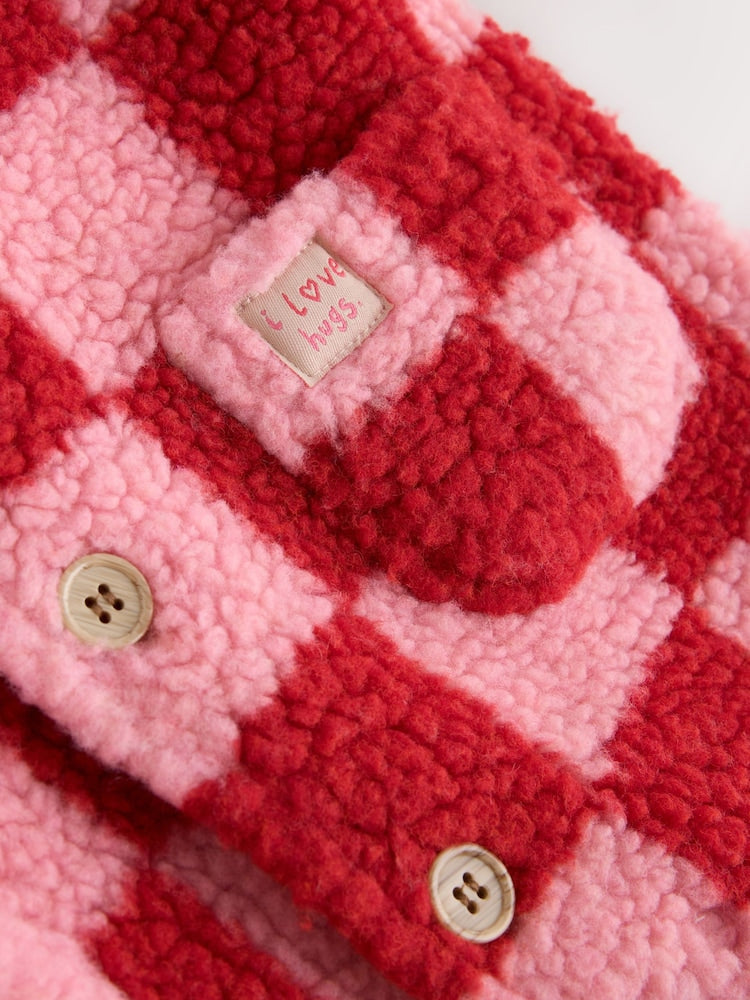 Pink and Red Checkerboard Borg Hooded Baby All-In-One (0mths-2yrs)
