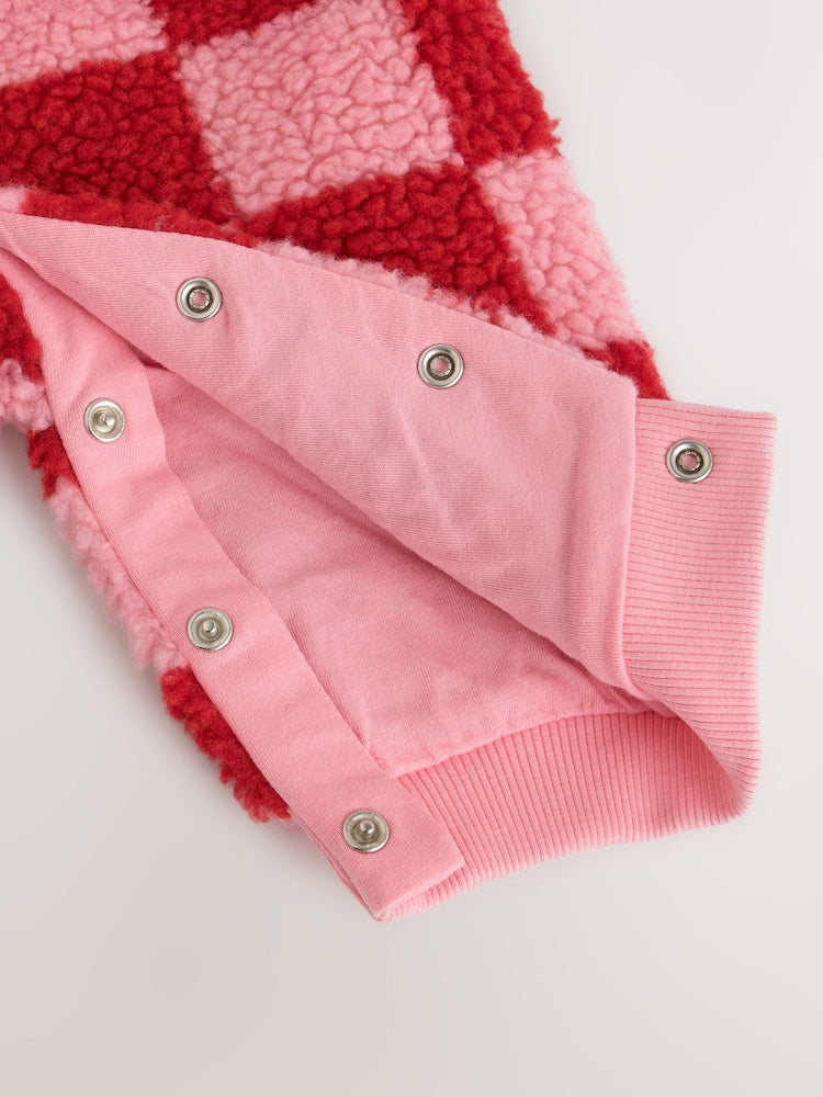 Pink and Red Checkerboard Borg Hooded Baby All-In-One (0mths-2yrs)