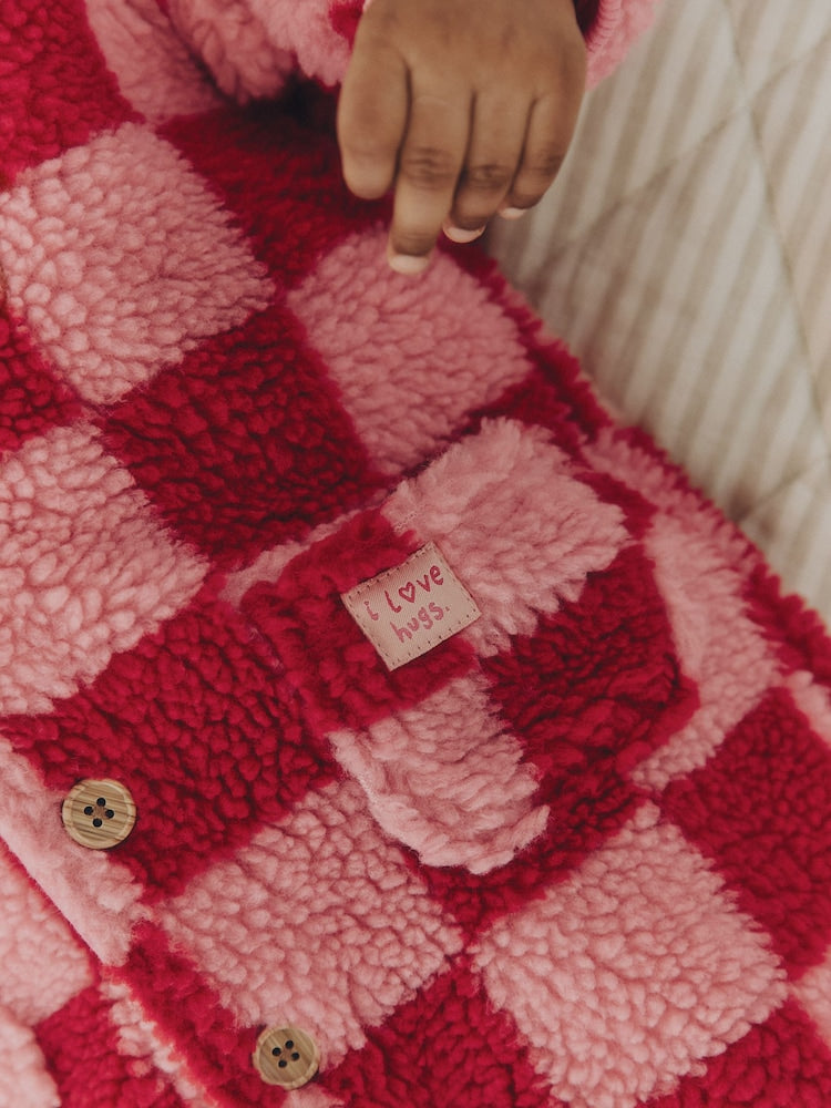 Pink and Red Checkerboard Borg Hooded Baby All-In-One (0mths-2yrs)