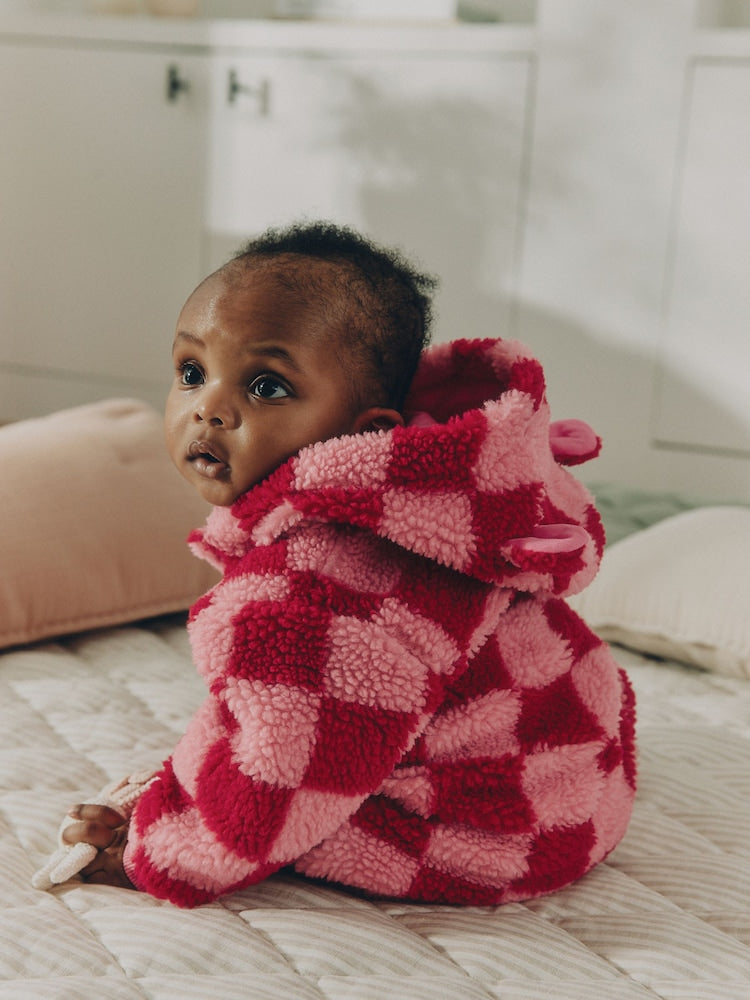 Pink and Red Checkerboard Borg Hooded Baby All-In-One (0mths-2yrs)