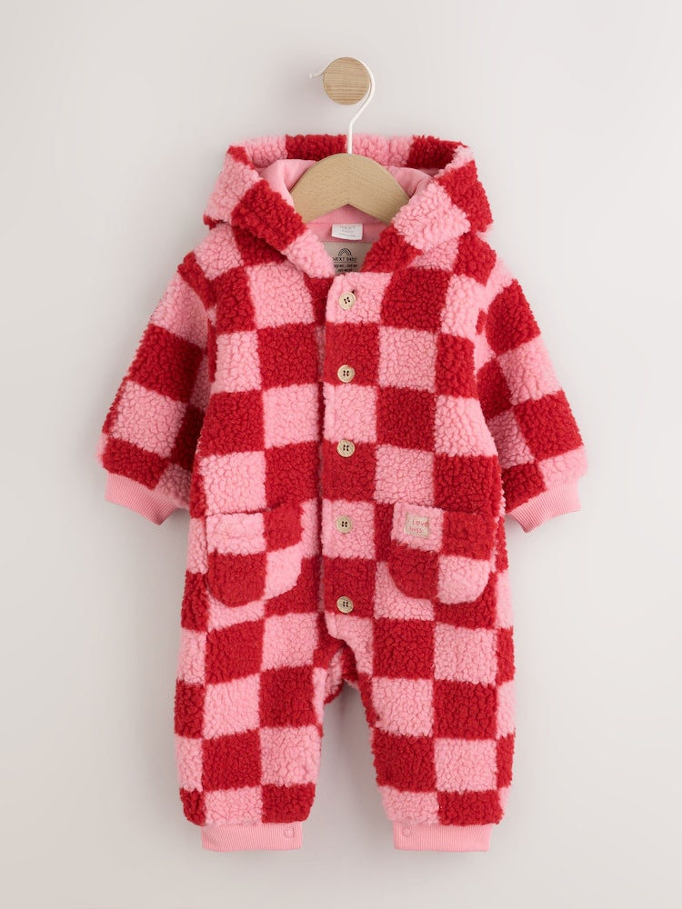 Pink and Red Checkerboard Borg Hooded Baby All-In-One (0mths-2yrs)