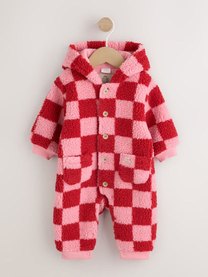 Pink and Red Checkerboard Borg Hooded Baby All-In-One (0mths-2yrs)