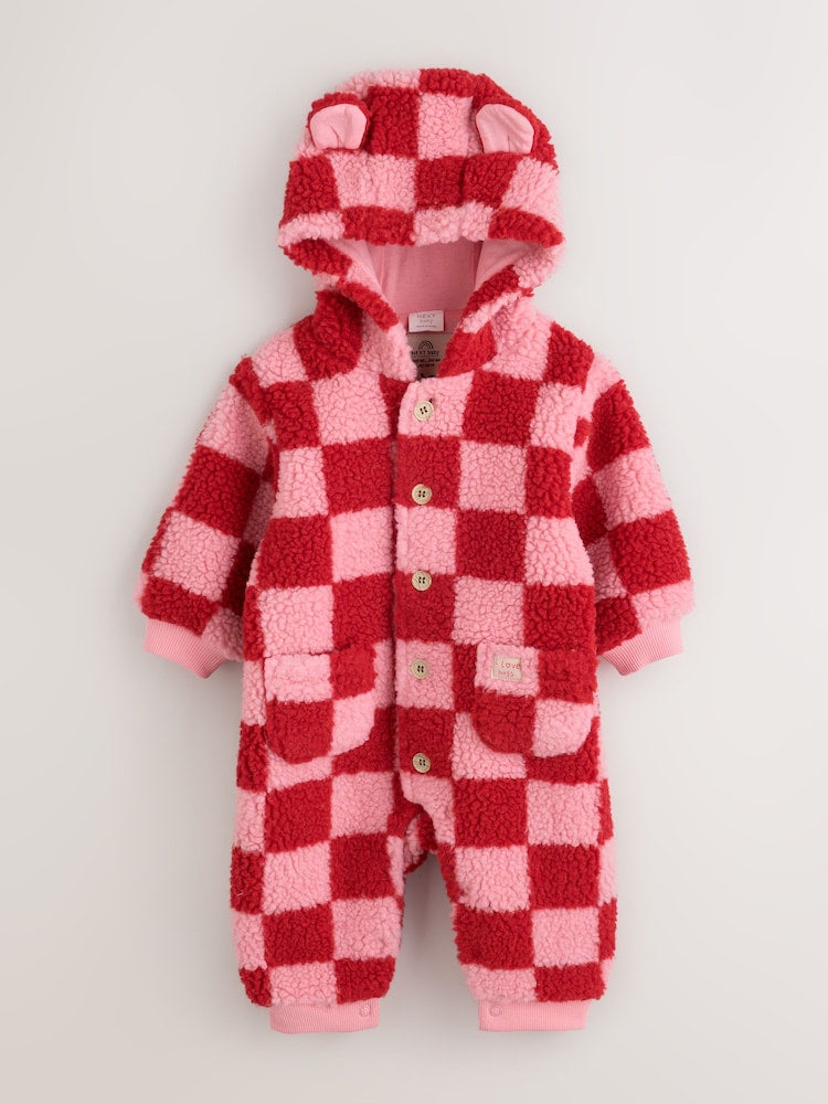 Pink and Red Checkerboard Borg Hooded Baby All-In-One (0mths-2yrs)