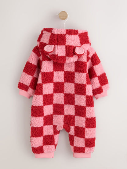 Pink and Red Checkerboard Borg Hooded Baby All-In-One (0mths-2yrs)