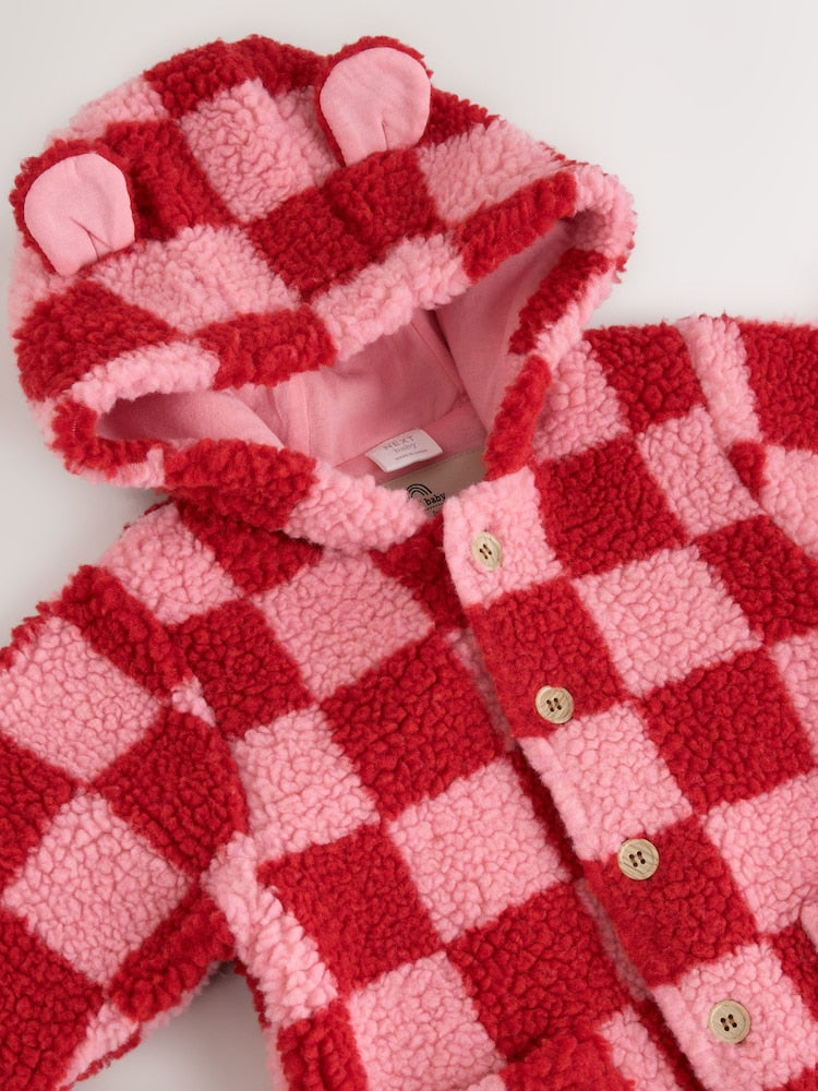 Pink and Red Checkerboard Borg Hooded Baby All-In-One (0mths-2yrs)