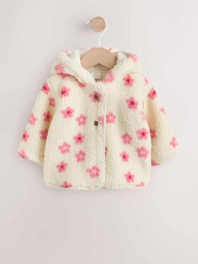 Ecru and Pink Floral Borg Hooded Baby Jacket (0mths-2yrs) - Ecru and Pink Floral / Up to 1 Month (50-56cm)