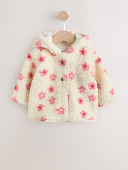 Ecru and Pink Floral Borg Hooded Baby Jacket (0mths-2yrs) - Ecru and Pink Floral / Up to 1 Month (50-56cm)