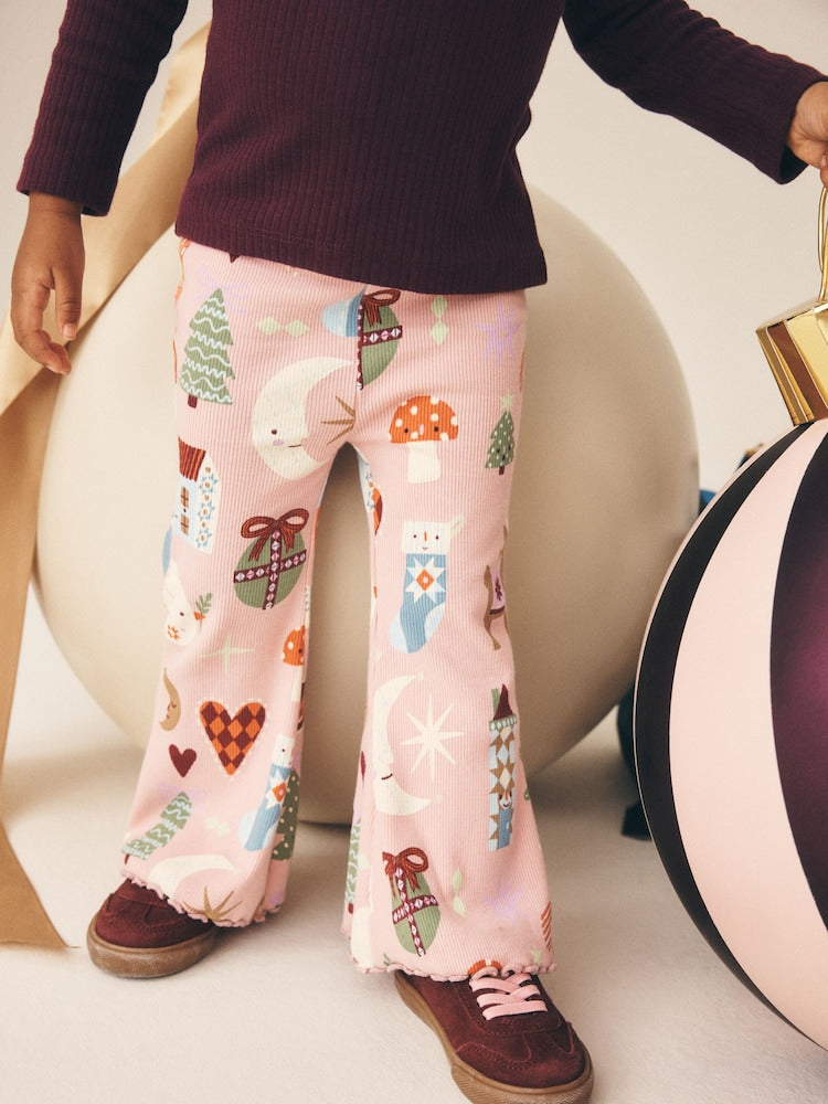 Pale Pink Christmas Ribbed Flare Leggings (3mths-7yrs)