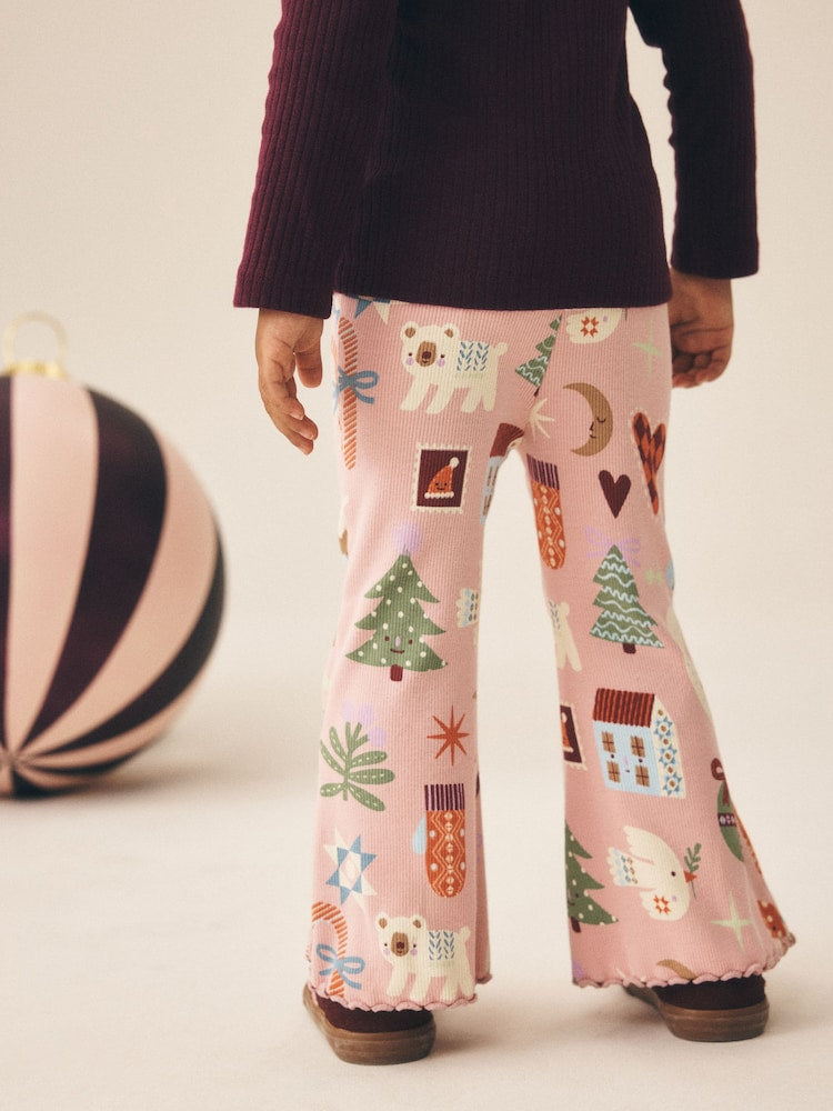Pale Pink Christmas Ribbed Flare Leggings (3mths-7yrs)