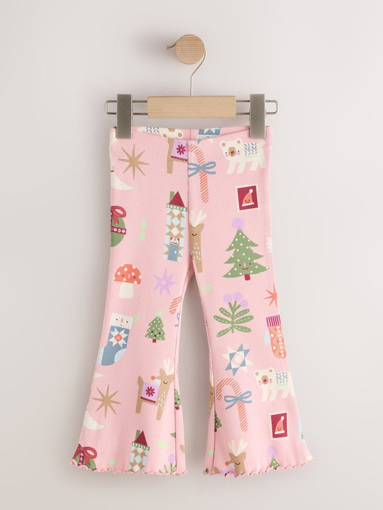 Pale Pink Christmas Ribbed Flare Leggings (3mths-7yrs)