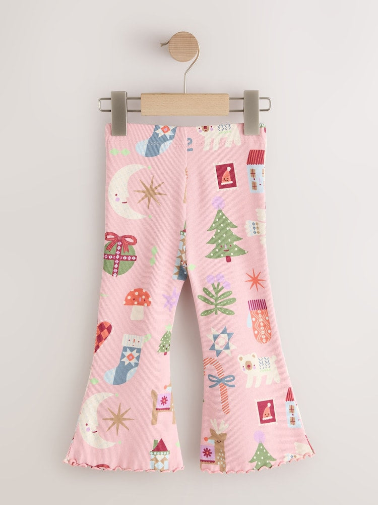 Pale Pink Christmas Ribbed Flare Leggings (3mths-7yrs)