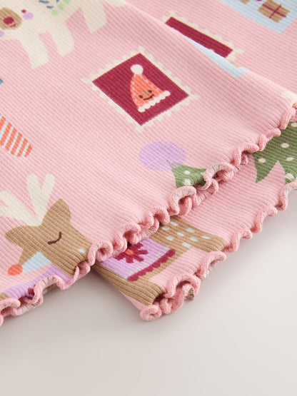 Pale Pink Christmas Ribbed Flare Leggings (3mths-7yrs)