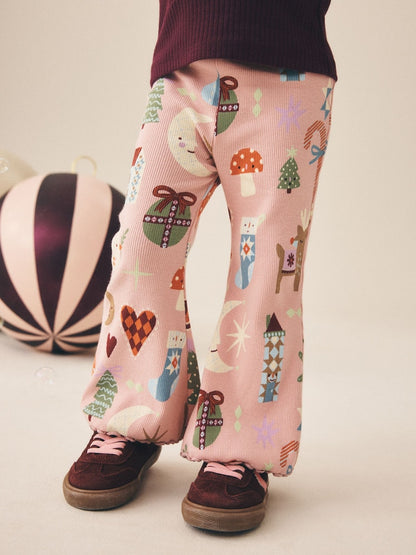 Pale Pink Christmas Ribbed Flare Leggings (3mths-7yrs)
