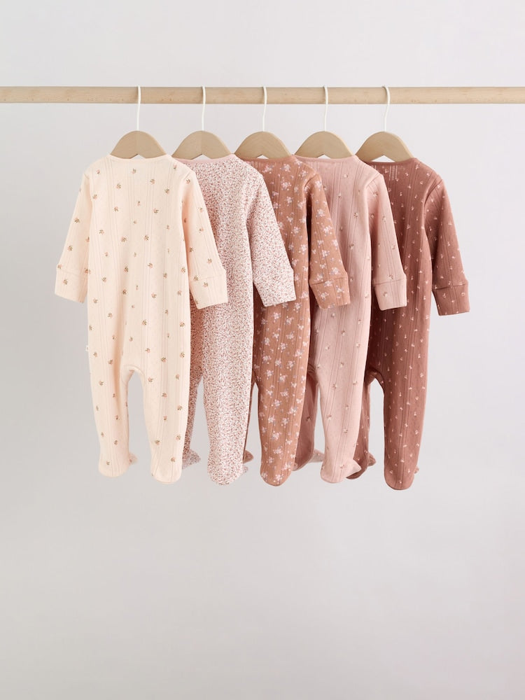 Brown Ditsy Floral 5 Pack Two Way Zip Baby Sleepsuit (0-2yrs)