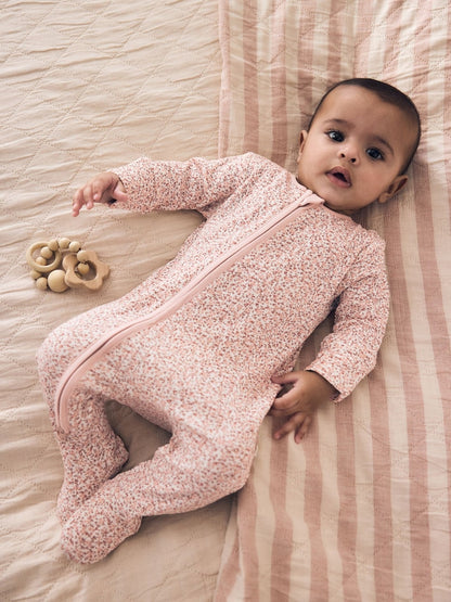 Brown Ditsy Floral 5 Pack Two Way Zip Baby Sleepsuit (0-2yrs)