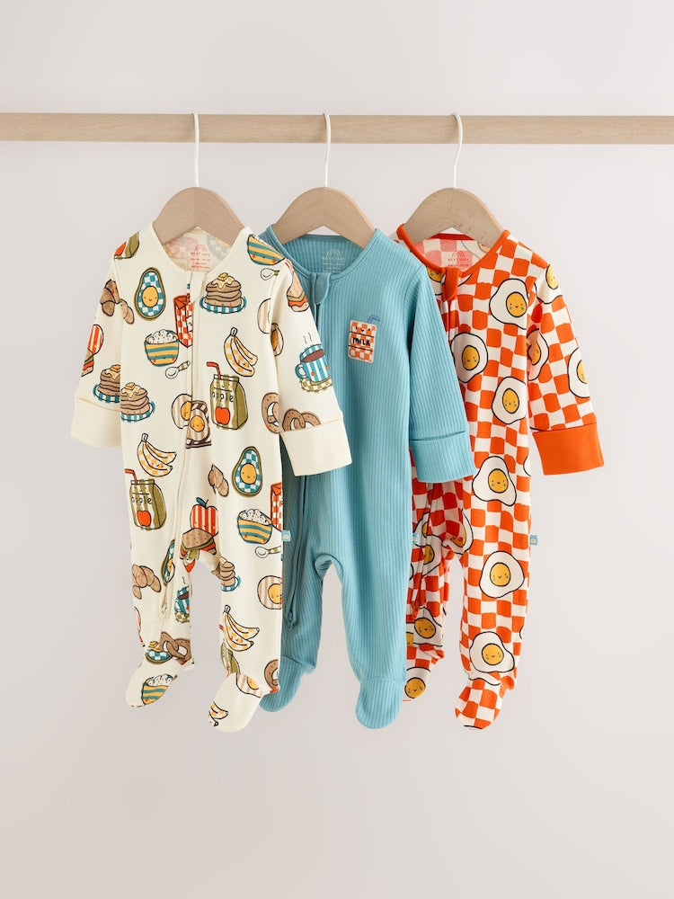 Blue/Orange Brunch Baby Sleepsuits 3 Pack (0mths-2yrs) - Blue/Orange Brunch / Up to 1 Month (50-56cm)