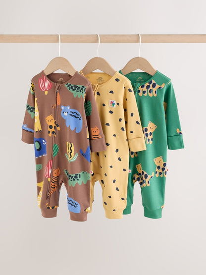 Green/Yellow Safari Two Way Zip Baby Sleepsuits 3 Pack (0mths-3yrs) - Green/Yellow Safari / Up to 1 Month (50-56cm)