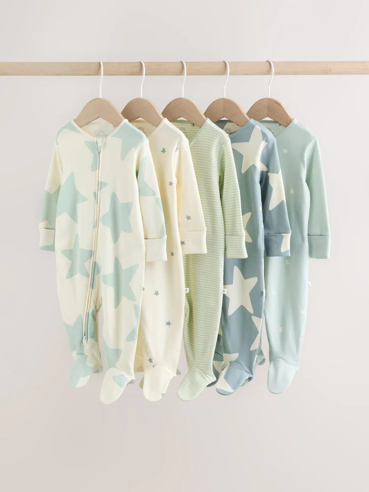 Green Star Two Way Zip Baby Sleepsuits 5 Pack (0mths-2yrs)