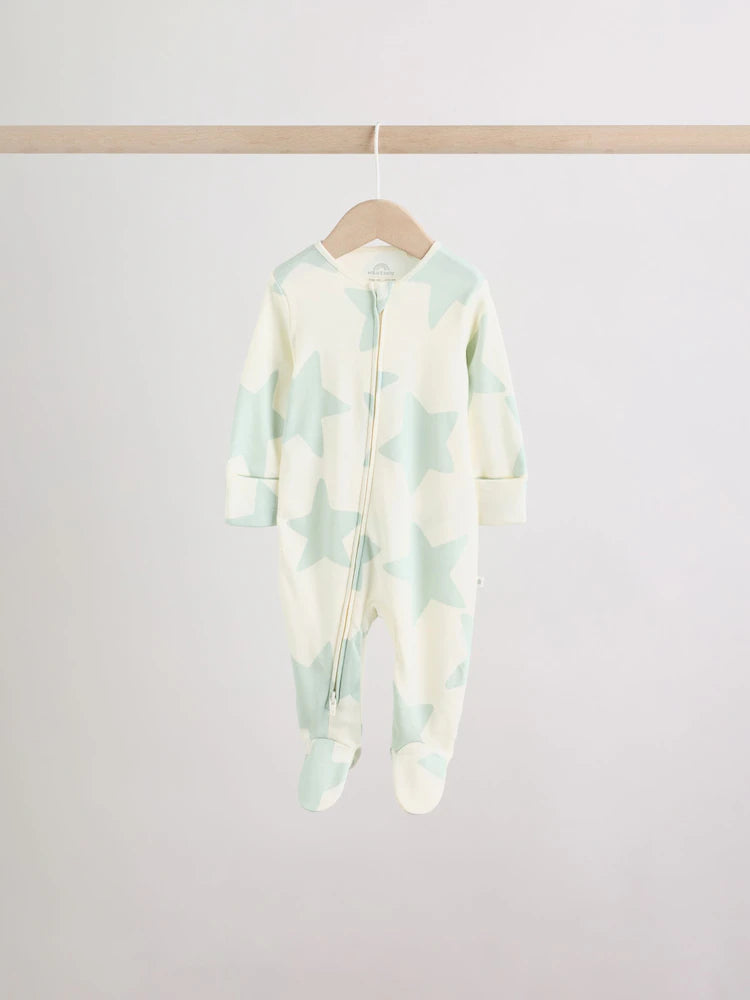 Green Star Two Way Zip Baby Sleepsuits 5 Pack (0mths-2yrs)