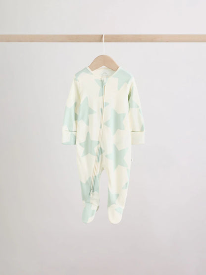 Green Star Two Way Zip Baby Sleepsuits 5 Pack (0mths-2yrs)