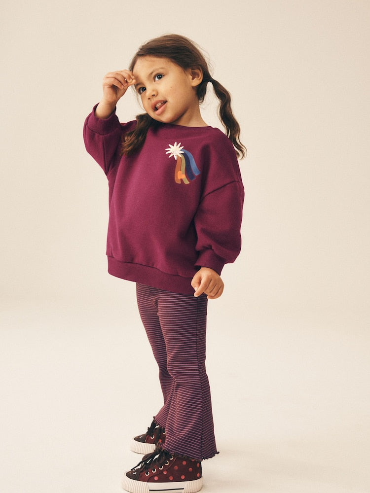 Dark Purple Star Crew Neck Sweatshirt and Flare Leggings Set (3mths-7yrs) - Dark Purple Star / 12-18 Months (80-86cm)