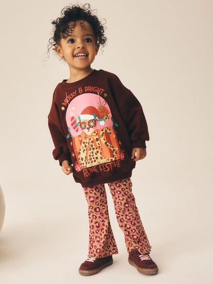 Pink Christmas Leopard Sweatshirt and Flare Leggings Set (3mths-7yrs) - Pink Christmas Leopard Sweatshirt and Flare / 12-18 Months (80-86cm)