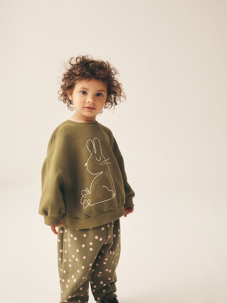 Khaki Green Bunny Crew Neck Sweatshirt and Barrel Trousers Set (3mths-7yrs)