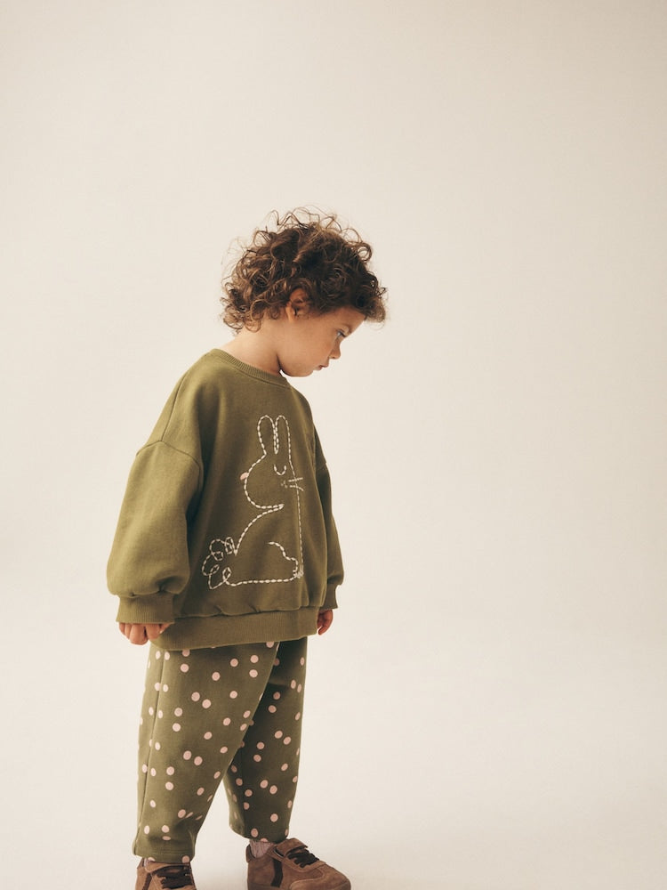 Khaki Green Bunny Crew Neck Sweatshirt and Barrel Trousers Set (3mths-7yrs)