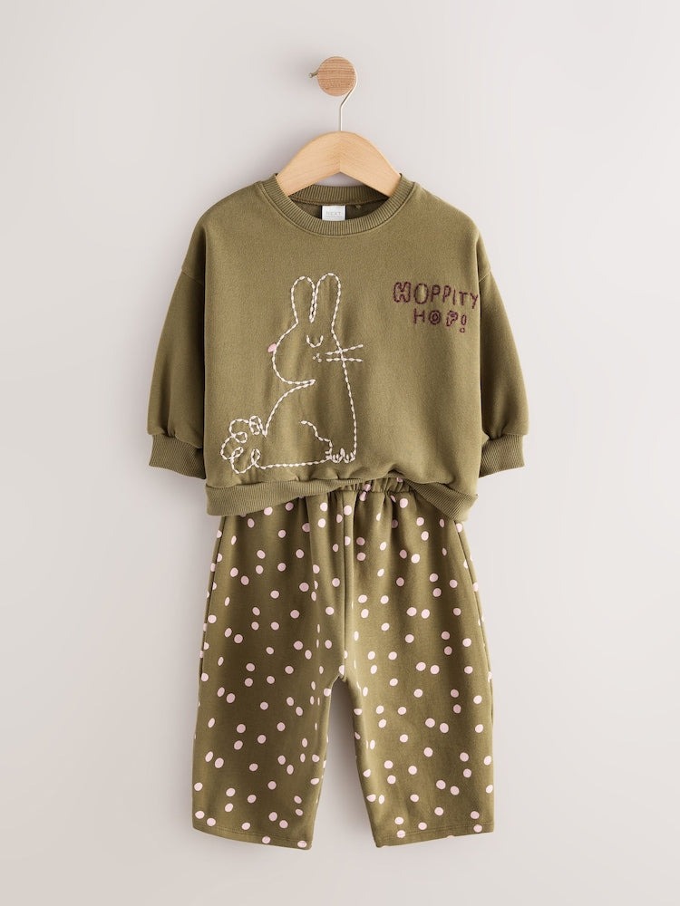 Khaki Green Bunny Crew Neck Sweatshirt and Barrel Trousers Set (3mths-7yrs)