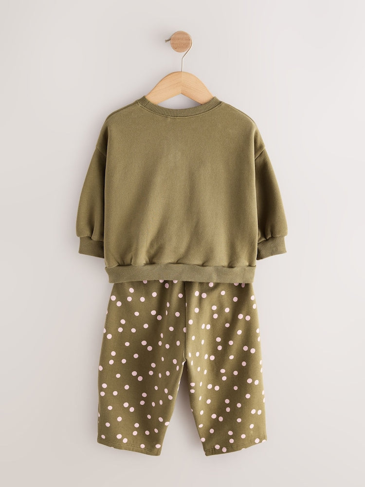 Khaki Green Bunny Crew Neck Sweatshirt and Barrel Trousers Set (3mths-7yrs)