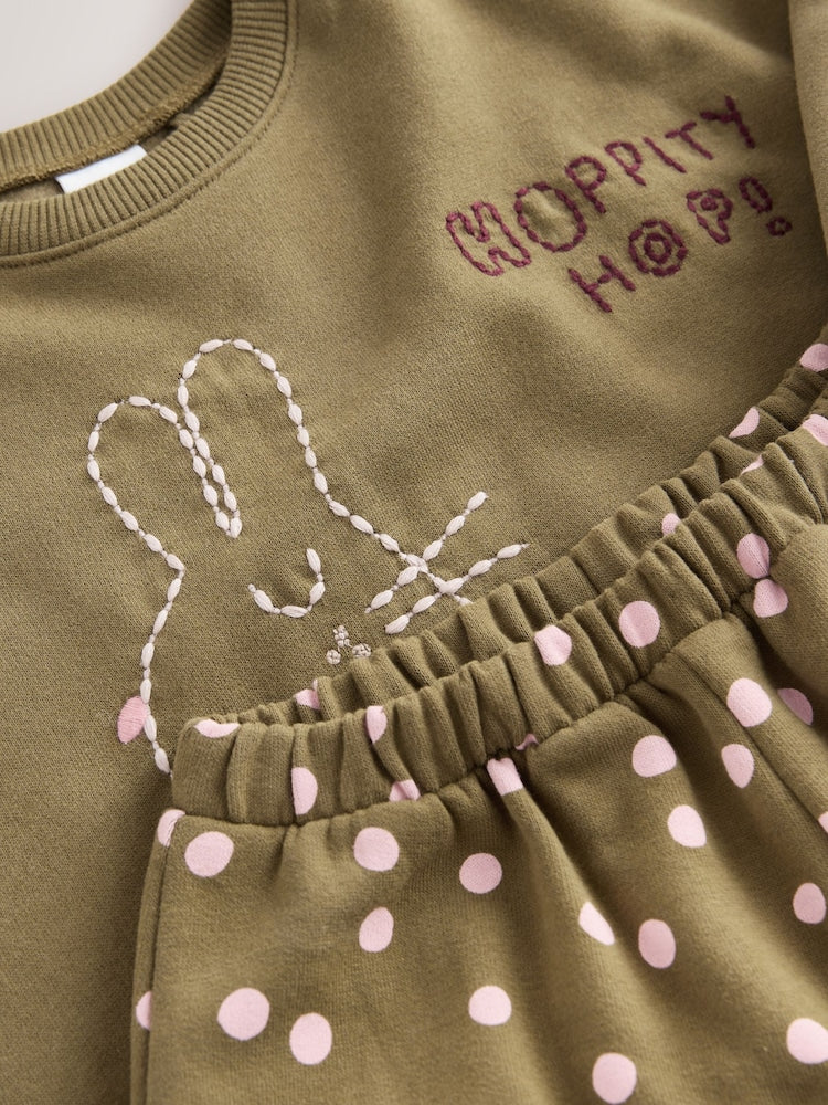 Khaki Green Bunny Crew Neck Sweatshirt and Barrel Trousers Set (3mths-7yrs)