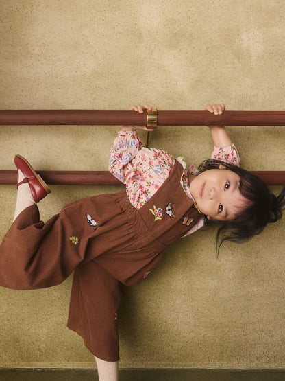 Brown Butterfly Embroidered Cord Dungaree and Blouse set (3mths-7yrs)