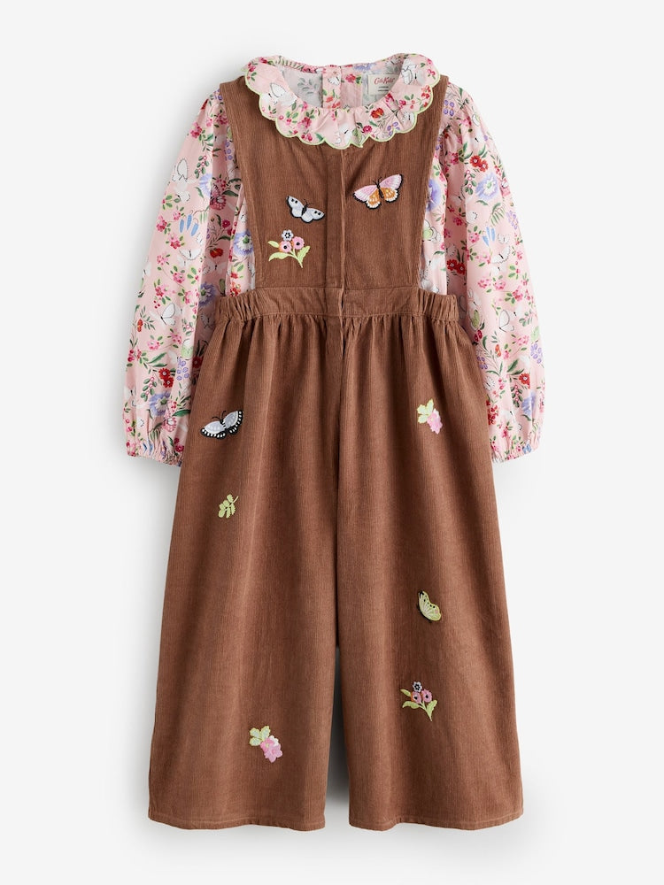 Brown Butterfly Embroidered Cord Dungaree and Blouse set (3mths-7yrs)