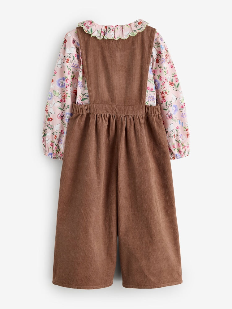 Brown Butterfly Embroidered Cord Dungaree and Blouse set (3mths-7yrs)